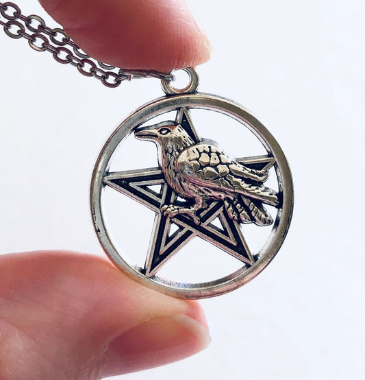 Crow Pentagram Necklace, Silver Star with Halloween Crow Bird, Witchy Woman, Wiccan Necklace, Witch Wiccan