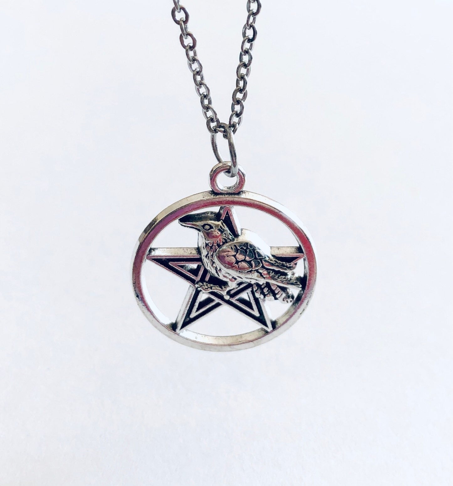 Crow Pentagram Necklace, Silver Star with Halloween Crow Bird, Witchy Woman, Wiccan Necklace, Witch Wiccan