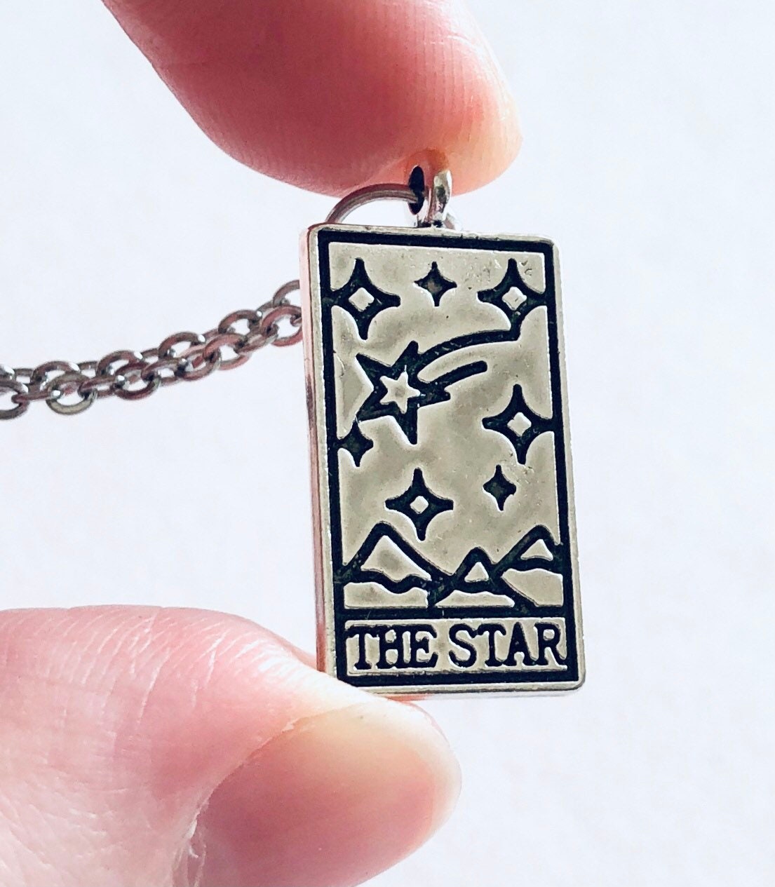 The Star Tarot Card Necklace, Dog Tag Style, Occult Esoteric Divination, Silver Star Necklace, Wiccan Witch