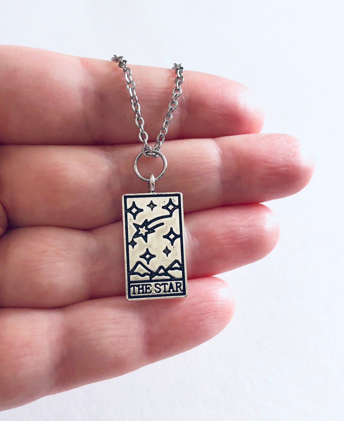 The Star Tarot Card Necklace, Dog Tag Style, Occult Esoteric Divination, Silver Star Necklace, Wiccan Witch