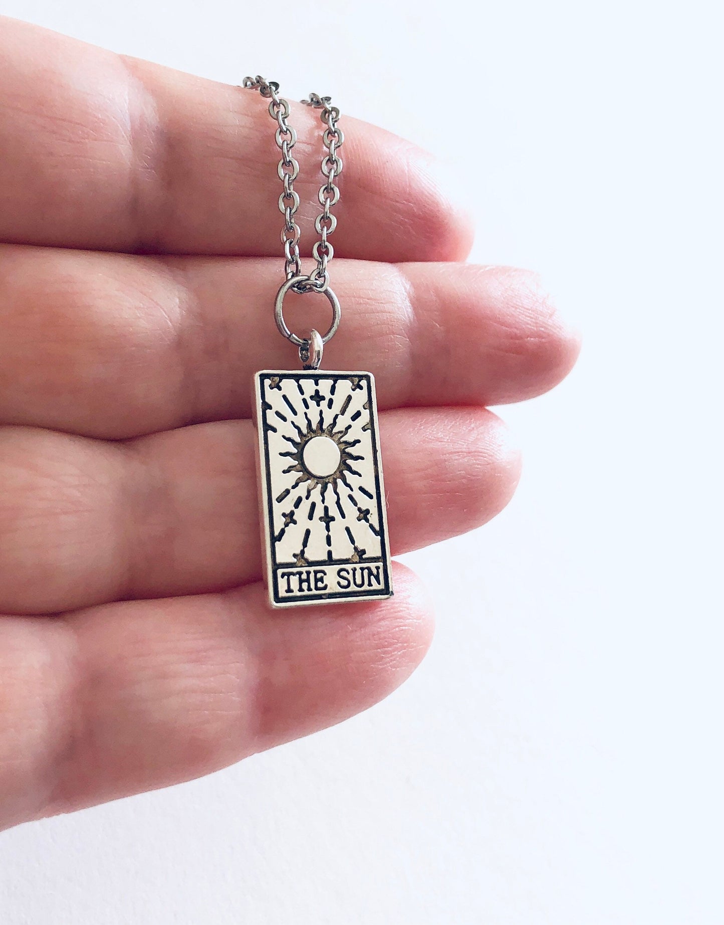 The Sun Tarot Card Necklace, Silver Stainless Steel Chain, Divination Wiccan Witchy Woman, Mall Goth Gothic Esoteric