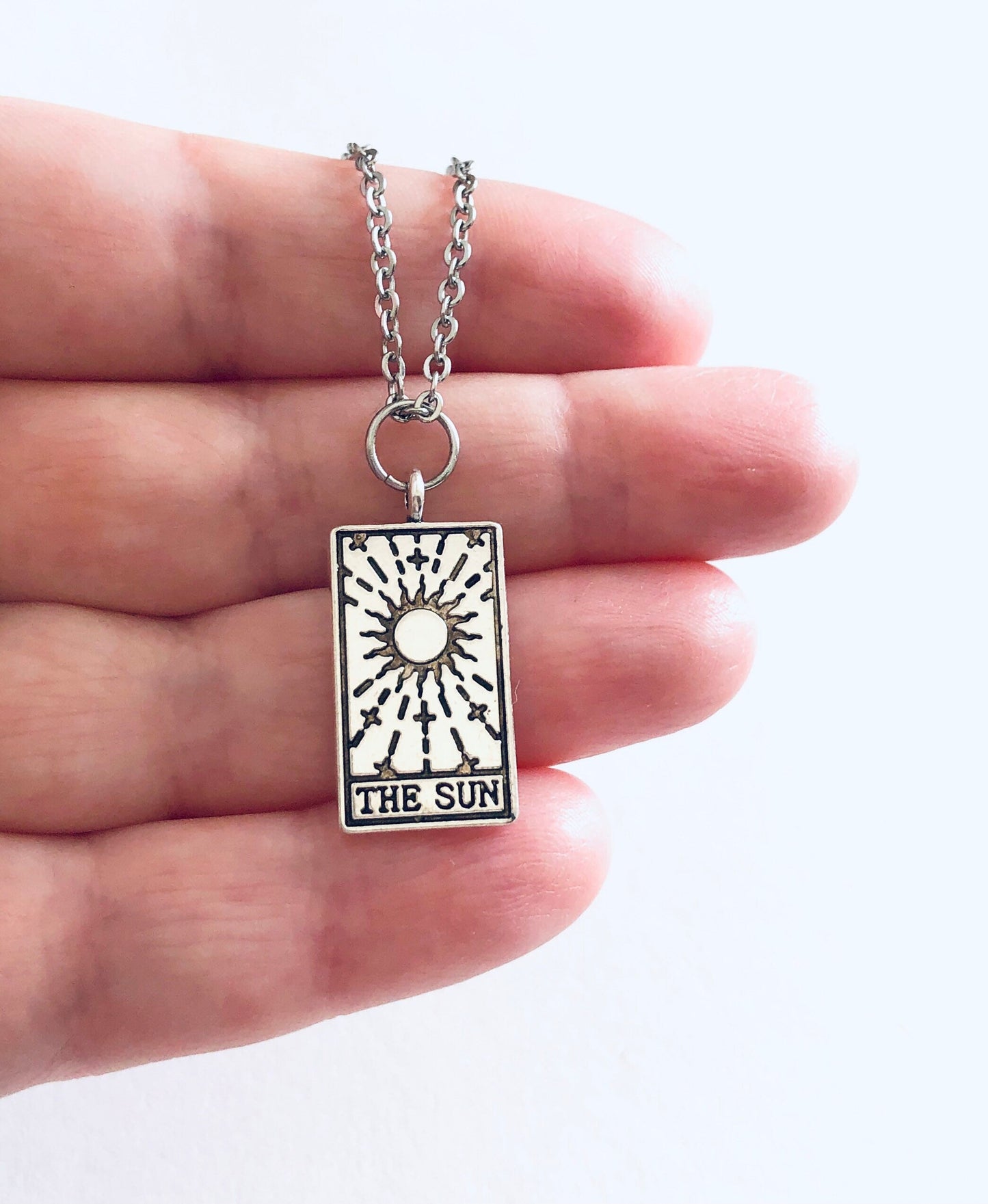 The Sun Tarot Card Necklace, Silver Stainless Steel Chain, Divination Wiccan Witchy Woman, Mall Goth Gothic Esoteric