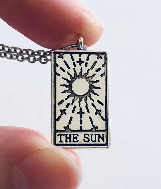 The Sun Tarot Card Necklace, Silver Stainless Steel Chain, Divination Wiccan Witchy Woman, Mall Goth Gothic Esoteric