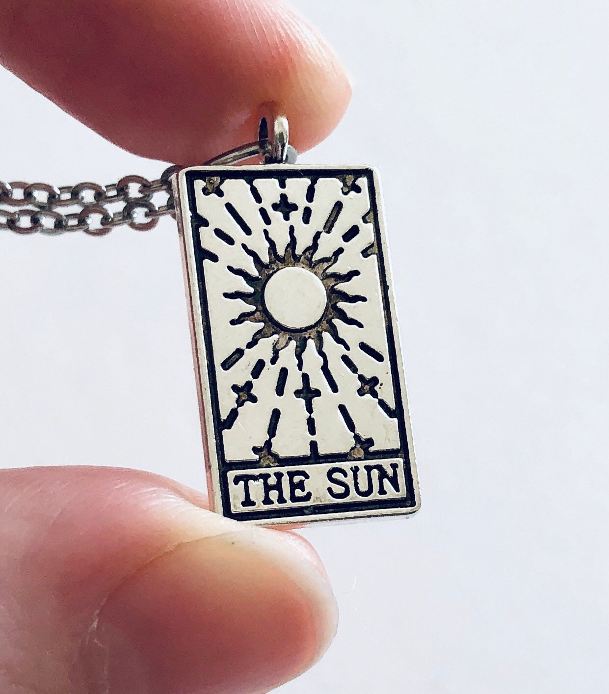 The Sun Tarot Card Necklace, Silver Stainless Steel Chain, Divination Wiccan Witchy Woman, Mall Goth Gothic Esoteric