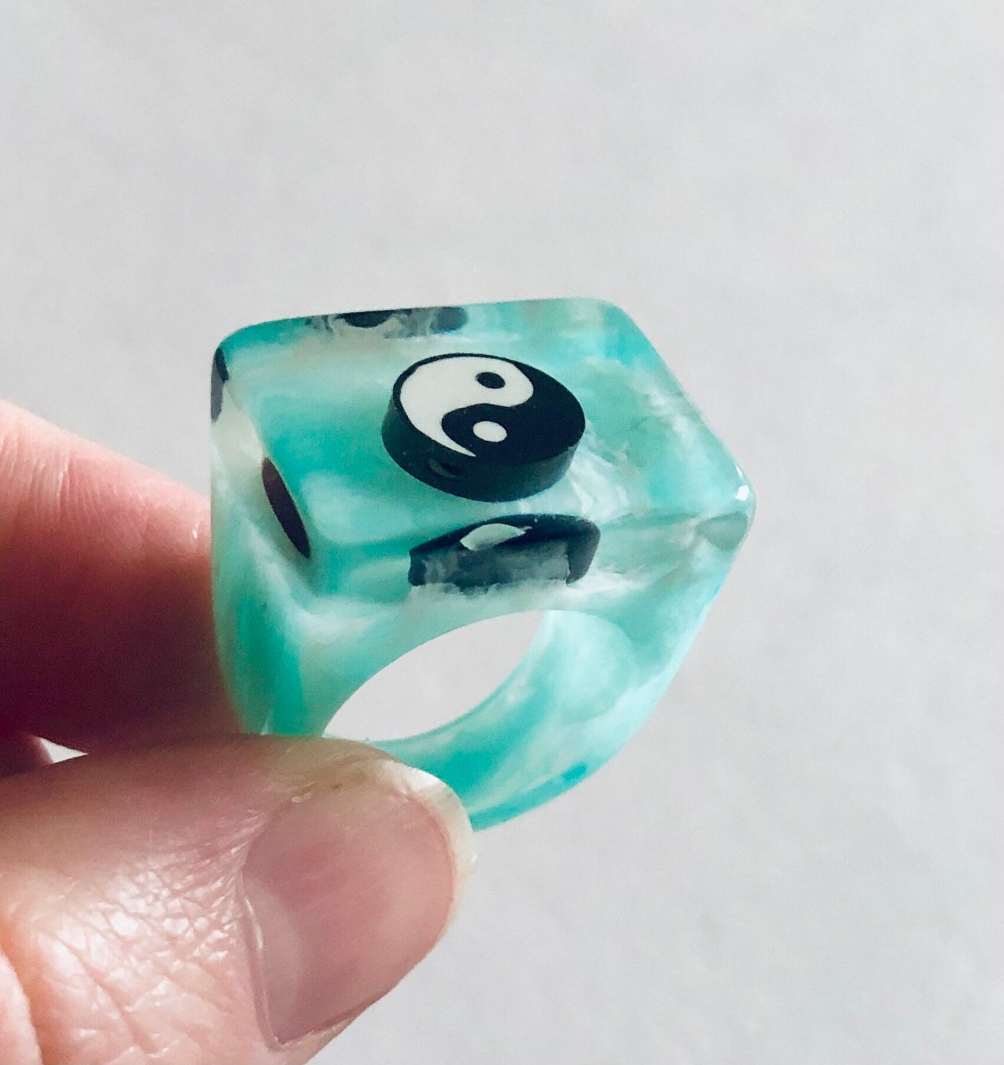 Yin & Yang Ring, Light Blue Resin Statement Ring, Yoga Boho Hippie Aesthetic