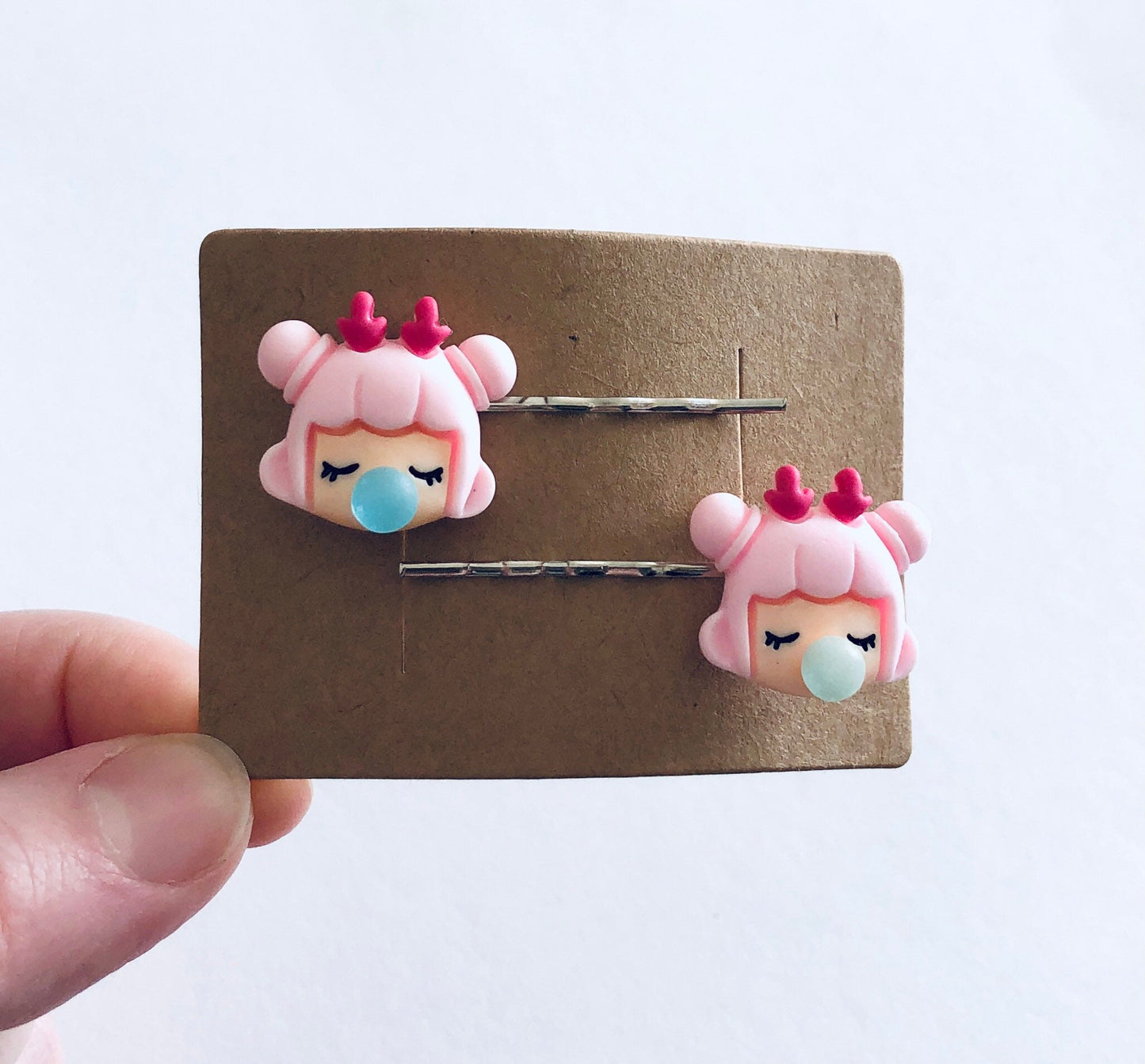 Pink Haired Girl Blowing Bubbles Hair Clips, Girl Bobby Pins, Pastel Kawaii Hair Clips, Lolita Cute Hair Clips