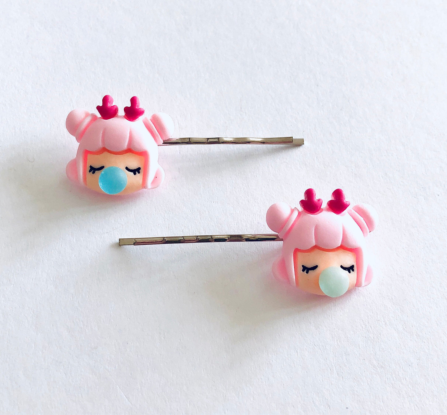 Pink Haired Girl Blowing Bubbles Hair Clips, Girl Bobby Pins, Pastel Kawaii Hair Clips, Lolita Cute Hair Clips