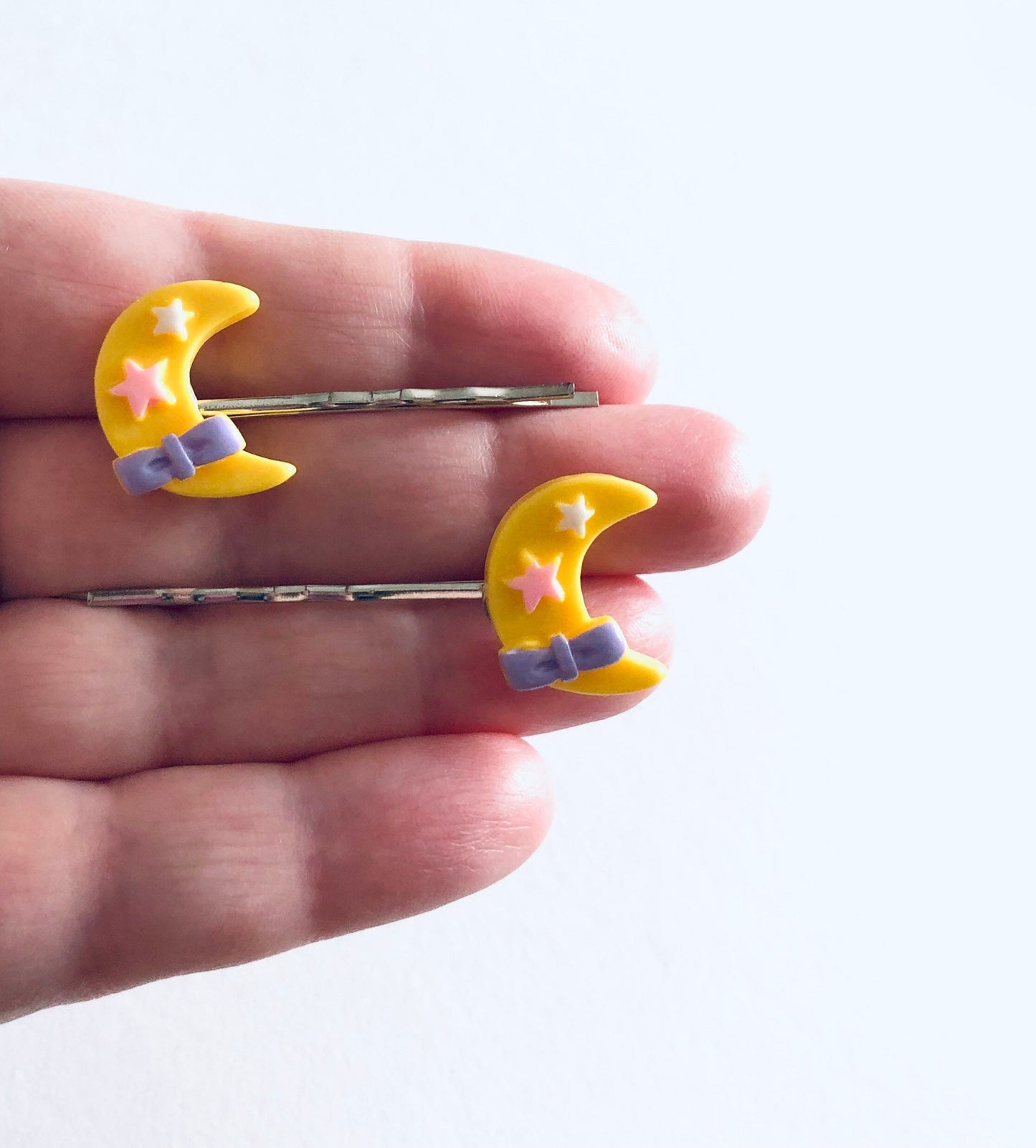 Pastel Yellow Moon Bobby Pins, Crescent Moon Hair Clips, Kawaii Hair Clips, Lolita Hair Accessories, Witchy Woman, Cute Hair Clips