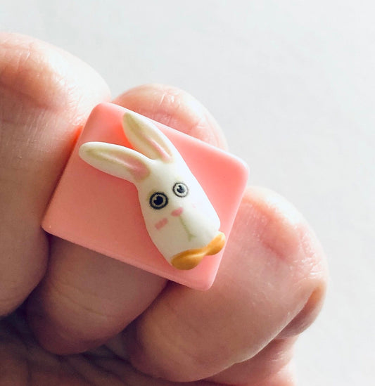 White Rabbit Ring on Pink Resin Ring Band, Bunny Rabbit Ring, Easter Bunny, Spring Accessory, Retro Style, Cottage Core Woodlands Forest