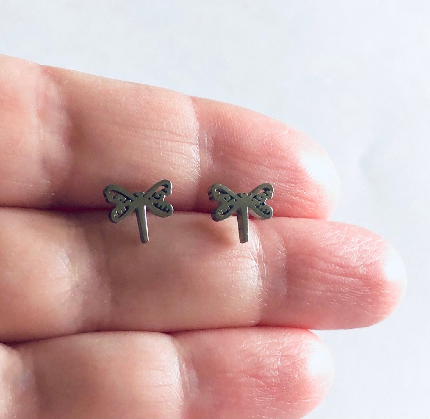 Dragonfly Earrings, Silver Dragonfly Stud Earrings, Dragonfly Studs, Bug Wings Fly Post Earrings, Stainless Steel