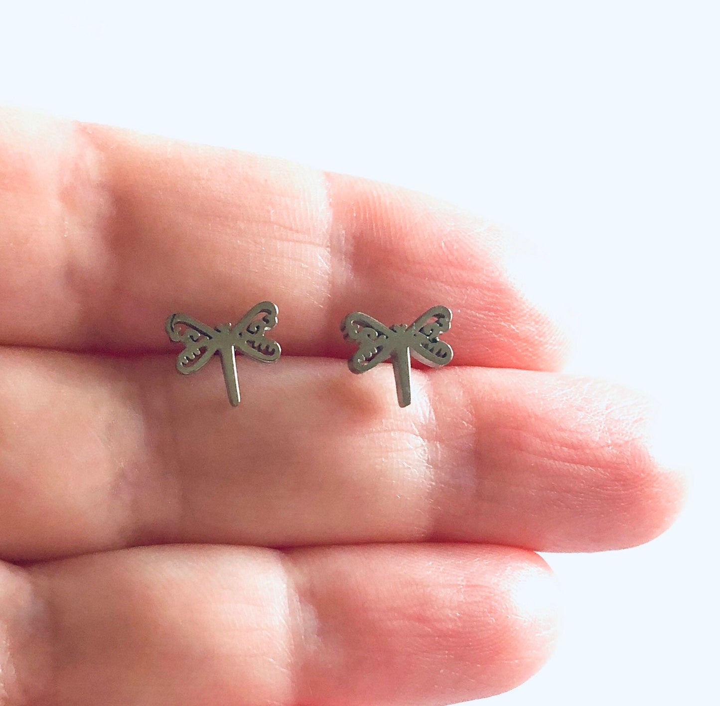 Dragonfly Earrings, Silver Dragonfly Stud Earrings, Dragonfly Studs, Bug Wings Fly Post Earrings, Stainless Steel