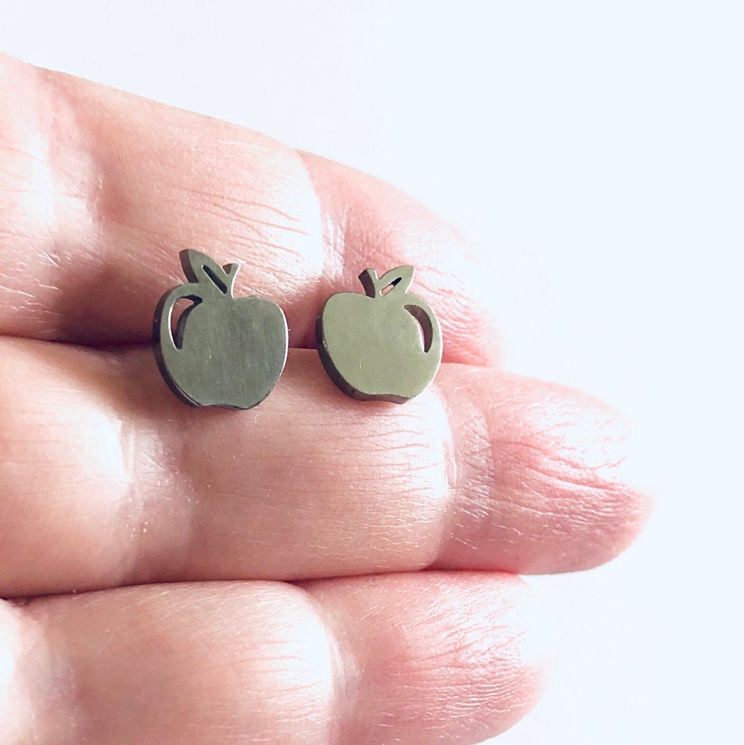 Silver Apple Earrings, Apple Stud Earrings, Teacher Gift, Fruit Earrings, Vegetarian Earrings, Vegan Earrings, Stainless Steel