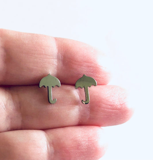 Umbrella Stud Earrings, Silver Spring Rain Umbrella Earrings, Cute