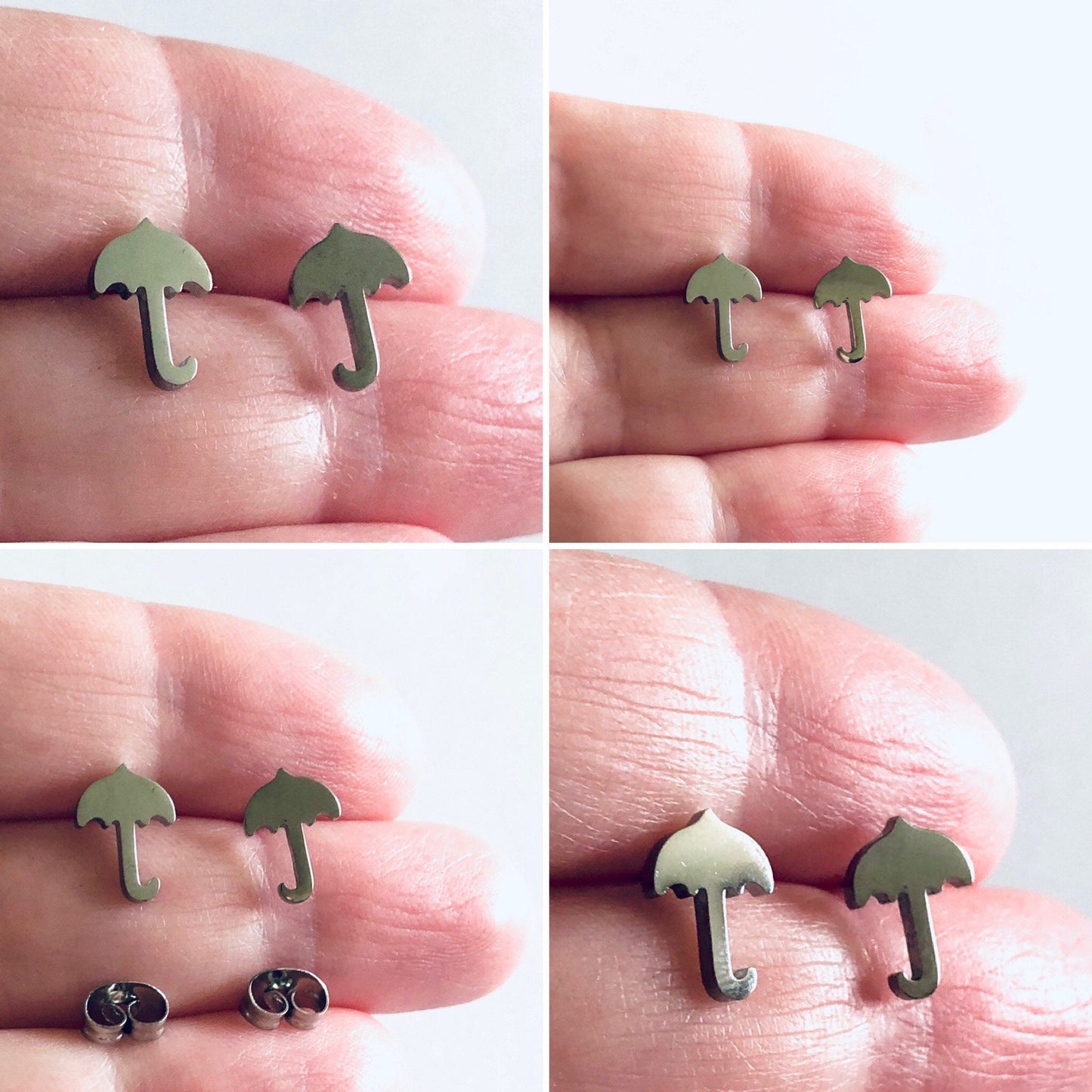 Umbrella Stud Earrings, Silver Spring Rain Umbrella Earrings, Cute