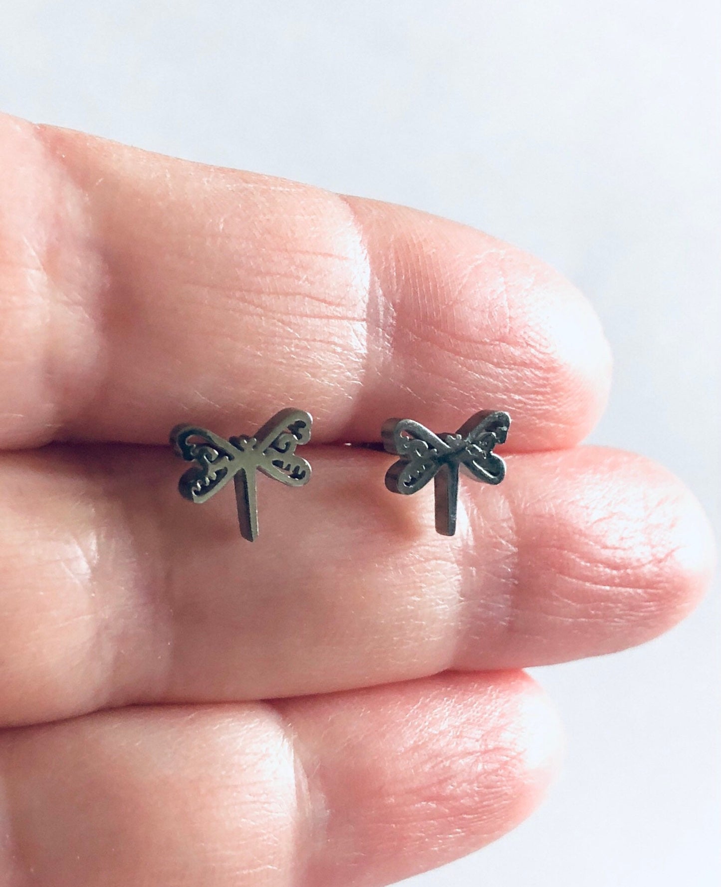 Dragonfly Earrings, Silver Dragonfly Stud Earrings, Dragonfly Studs, Bug Wings Fly Post Earrings, Stainless Steel