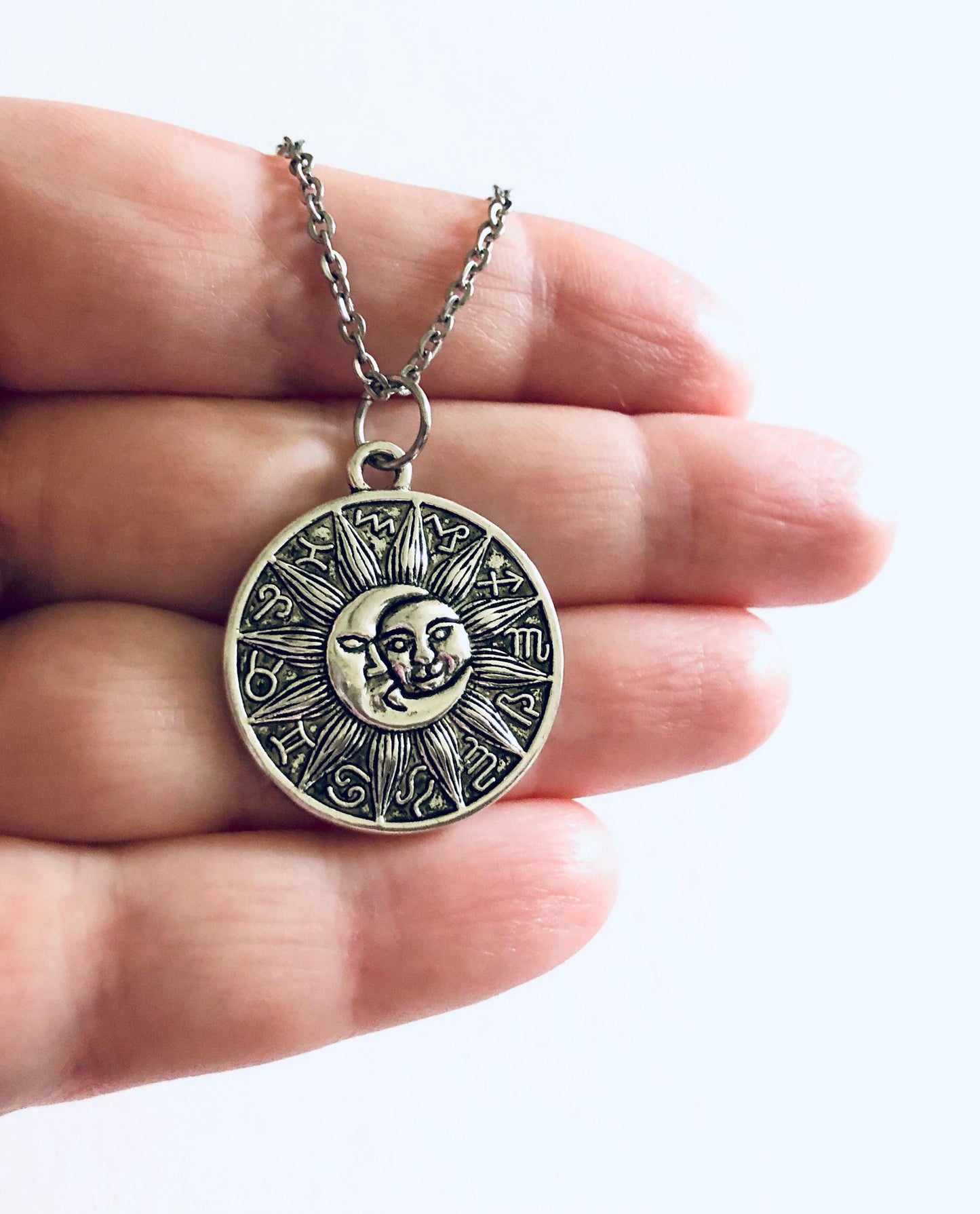 Zodiac Astrological Signs Necklace, Celestial Sun & Moon Wheel Design, Wicca Witchy Woman