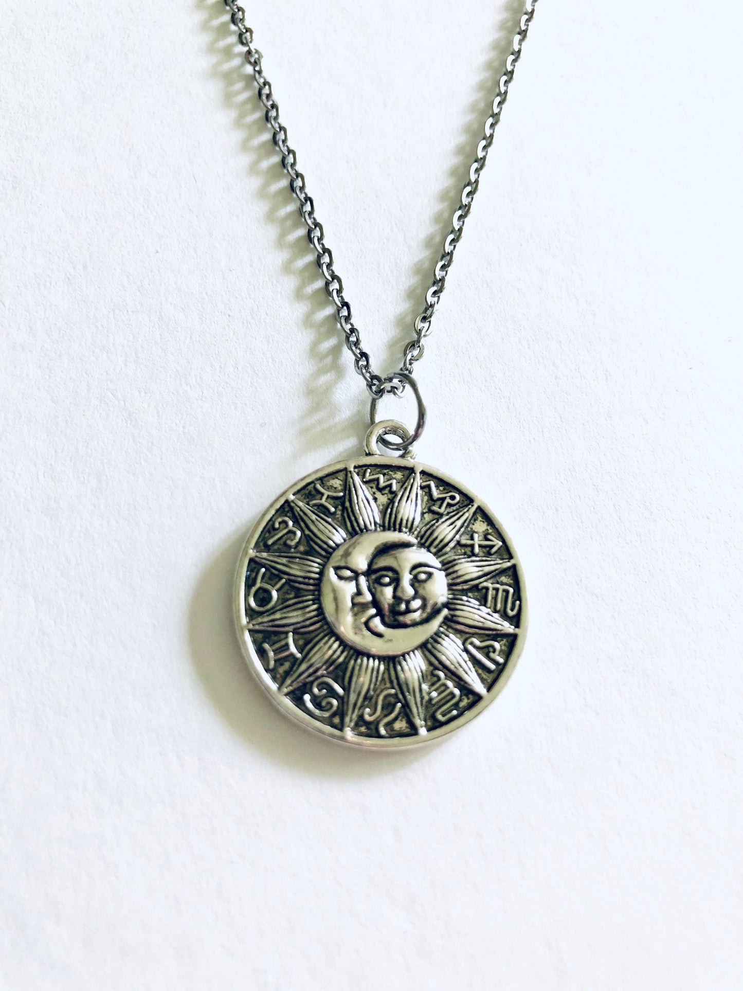 Zodiac Astrological Signs Necklace, Celestial Sun & Moon Wheel Design, Wicca Witchy Woman