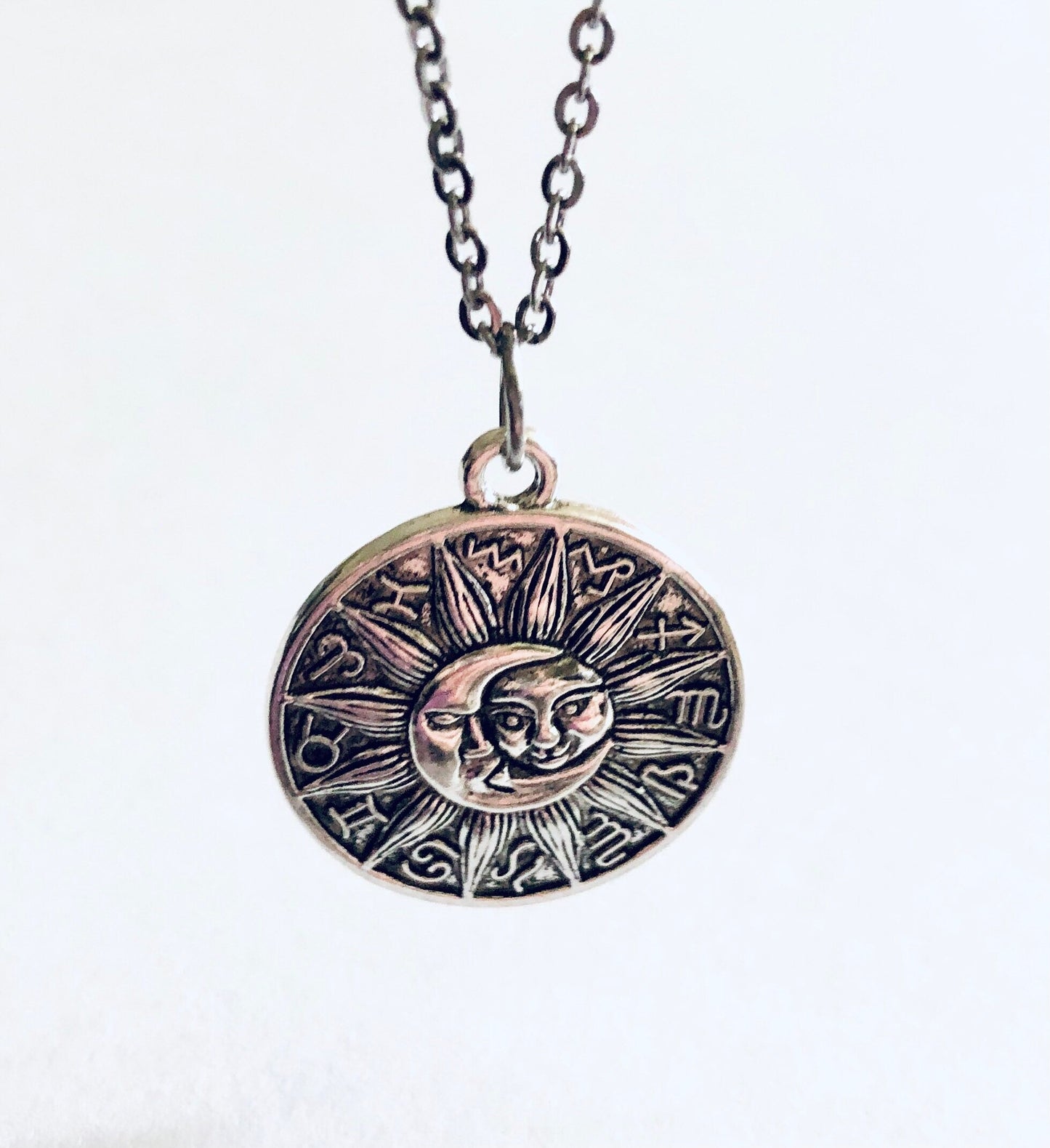 Zodiac Astrological Signs Necklace, Celestial Sun & Moon Wheel Design, Wicca Witchy Woman