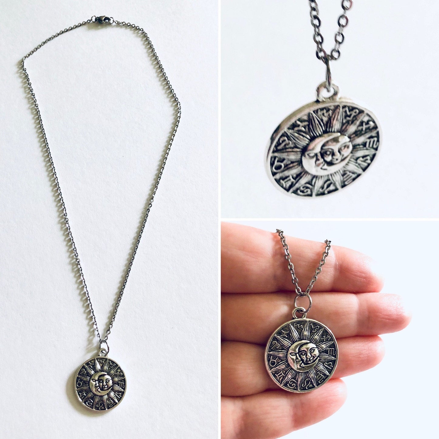 Zodiac Astrological Signs Necklace, Celestial Sun & Moon Wheel Design, Wicca Witchy Woman