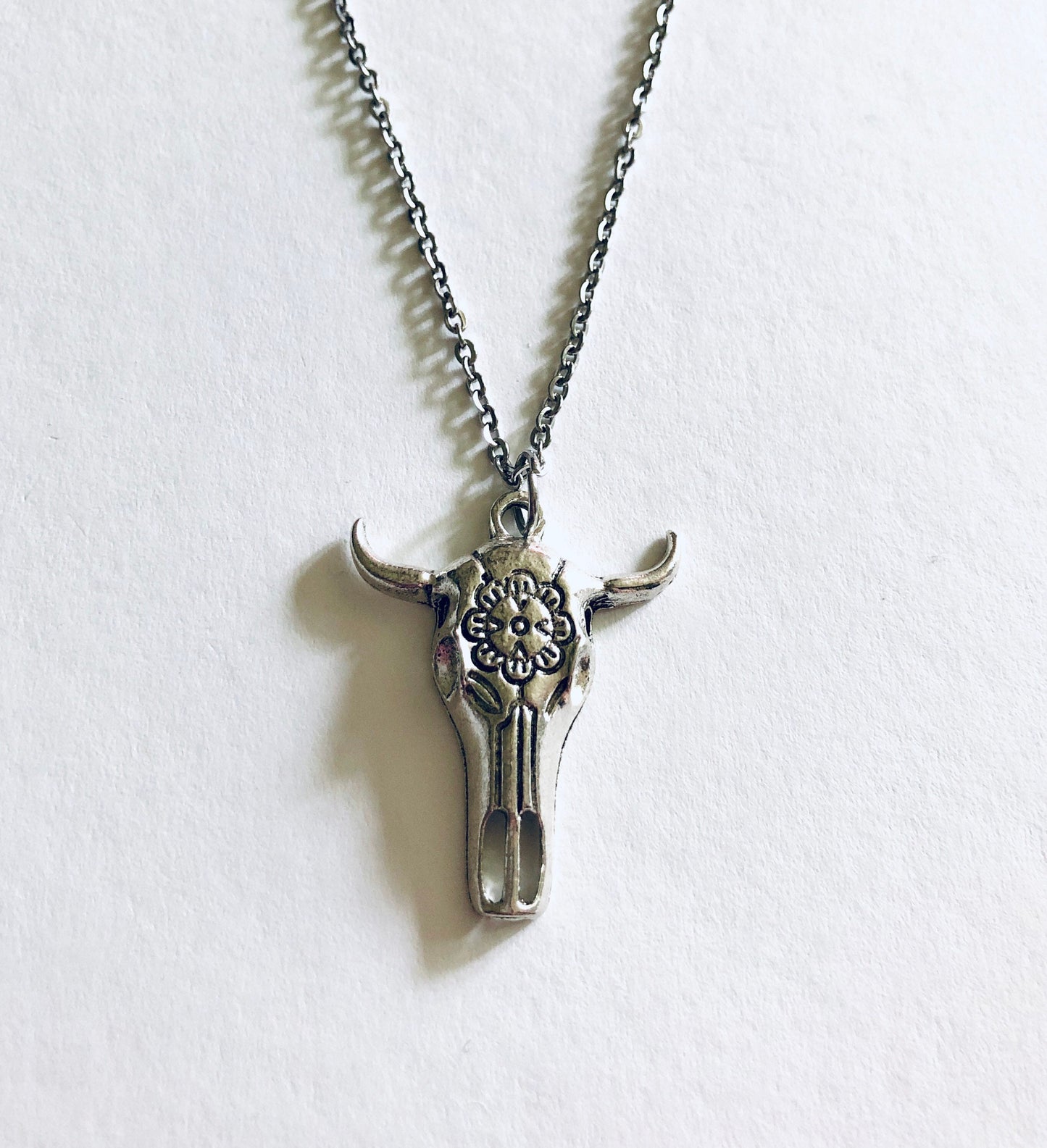 Boho Bull Skull Necklace, Hippie Bull Horns Necklace, Bull Skeleton Necklace