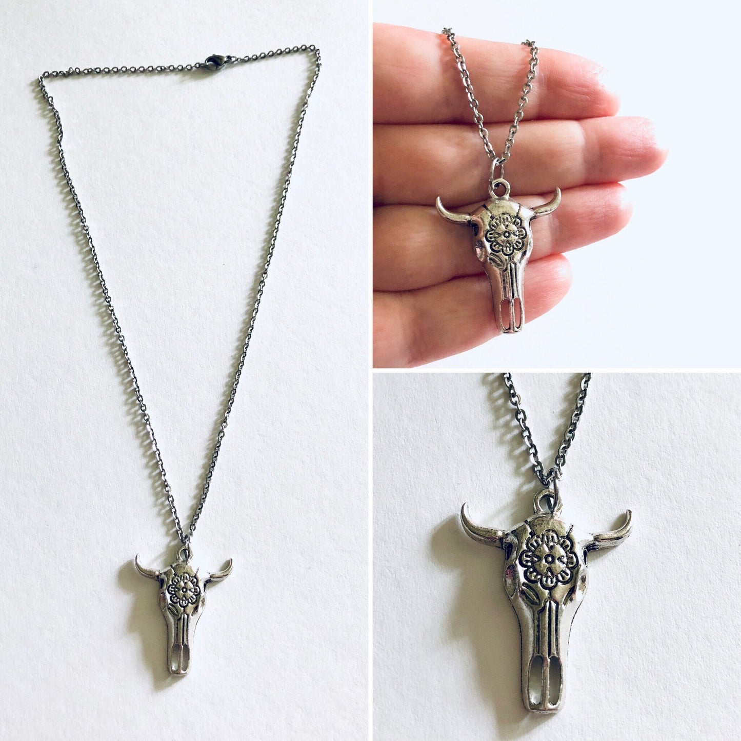 Boho Bull Skull Necklace, Hippie Bull Horns Necklace, Bull Skeleton Necklace