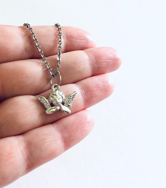 Cherub Necklace 18” Stainless Steel Chain, Baby Angel Necklace, Cherubs Cottage Core Aesthetic