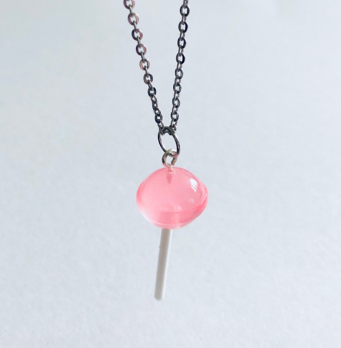 Pink Lollipop Necklace on 18” Stainless Steel Chain, Kawaii Resin Lollypop Lolita