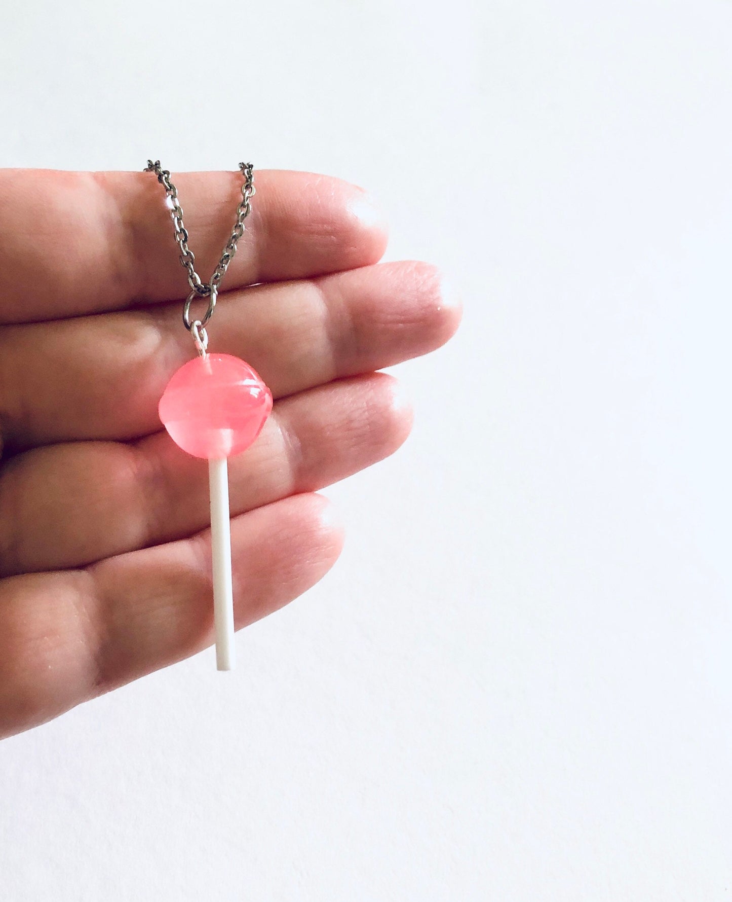 Pink Lollipop Necklace on 18” Stainless Steel Chain, Kawaii Resin Lollypop Lolita