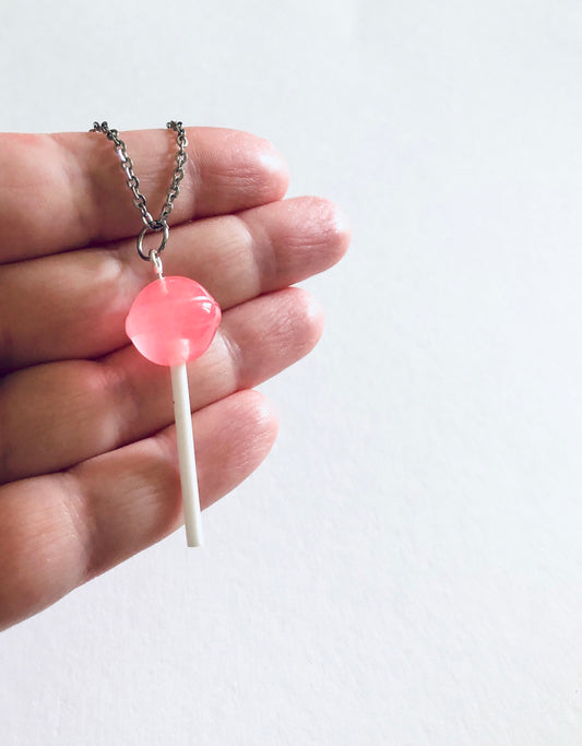 Pink Lollipop Necklace on 18” Stainless Steel Chain, Kawaii Resin Lollypop Lolita