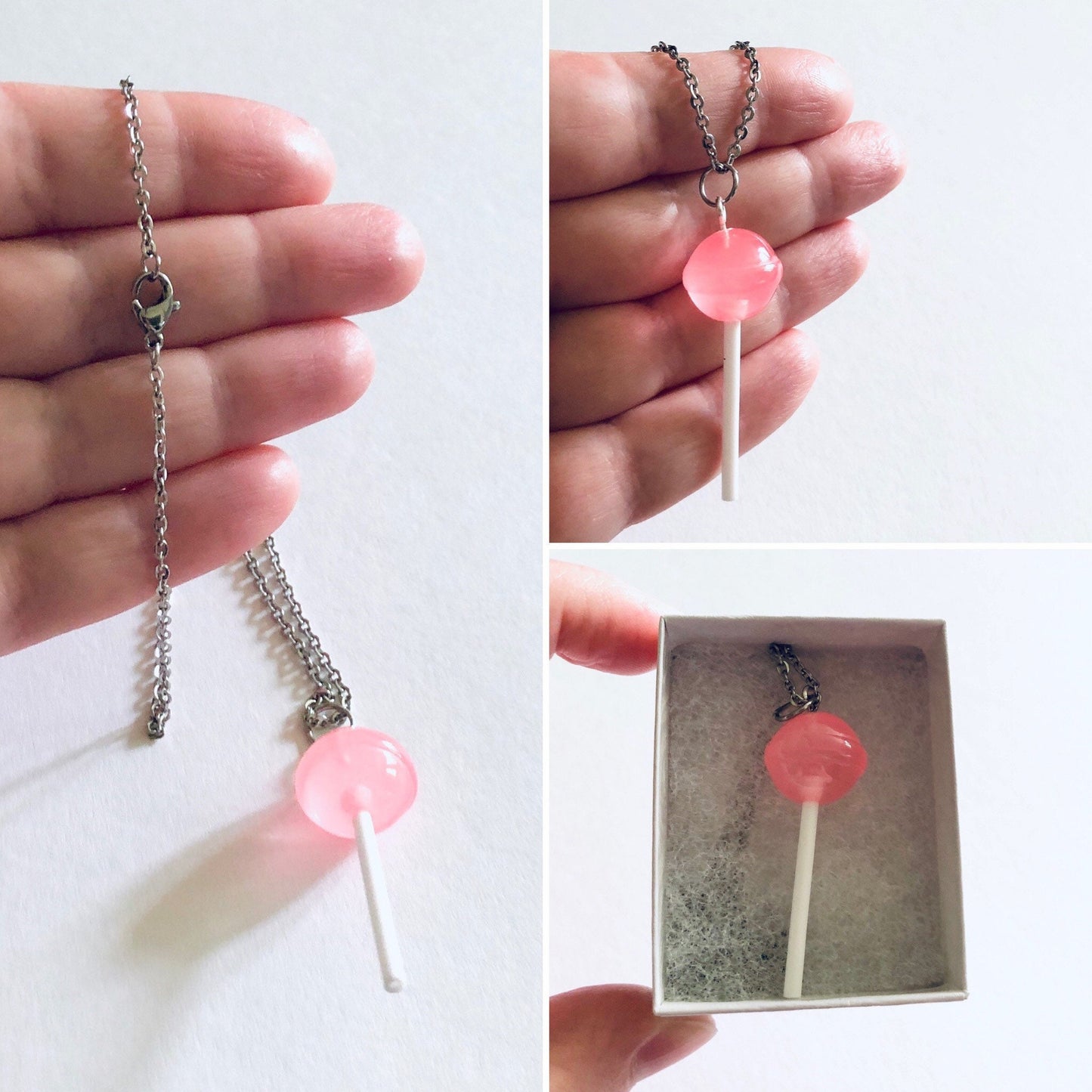 Pink Lollipop Necklace on 18” Stainless Steel Chain, Kawaii Resin Lollypop Lolita