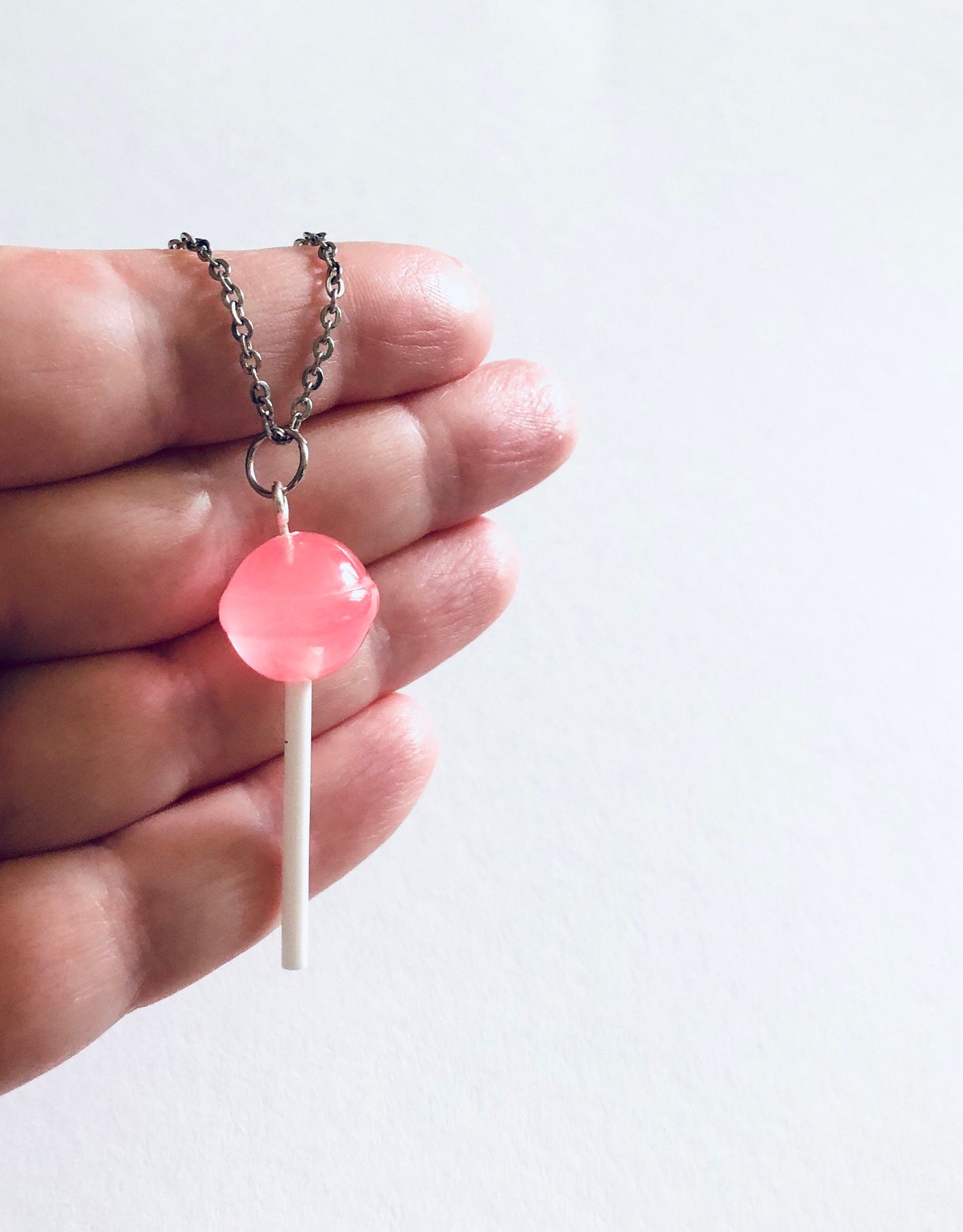 Pink Lollipop Necklace on 18” Stainless Steel Chain, Kawaii Resin Lollypop Lolita