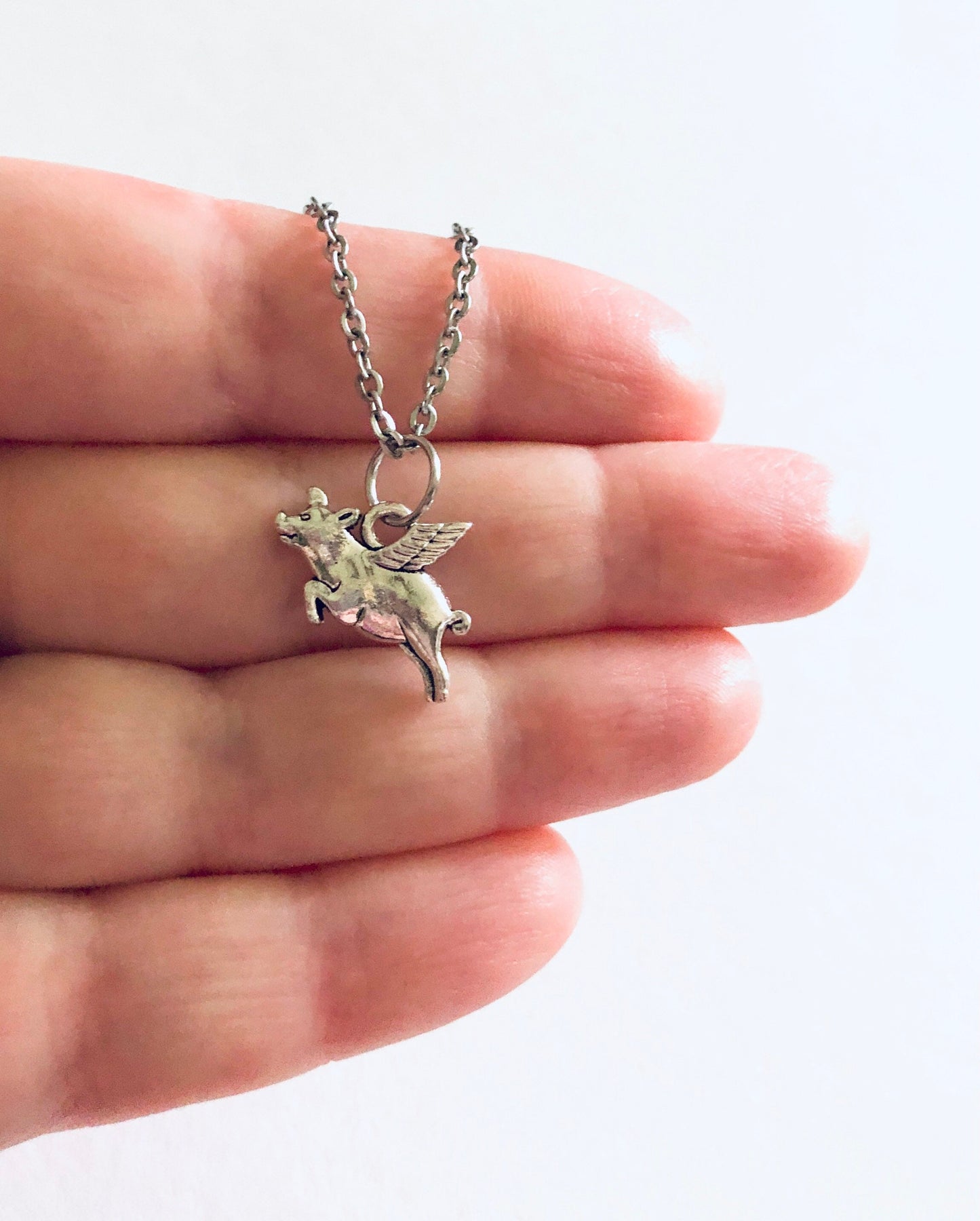 When Pigs Fly Necklace, Silver Pig Necklace, Piggy Charm on 18” Stainless Steel Chain, When Pigs Fly Necklace Funny