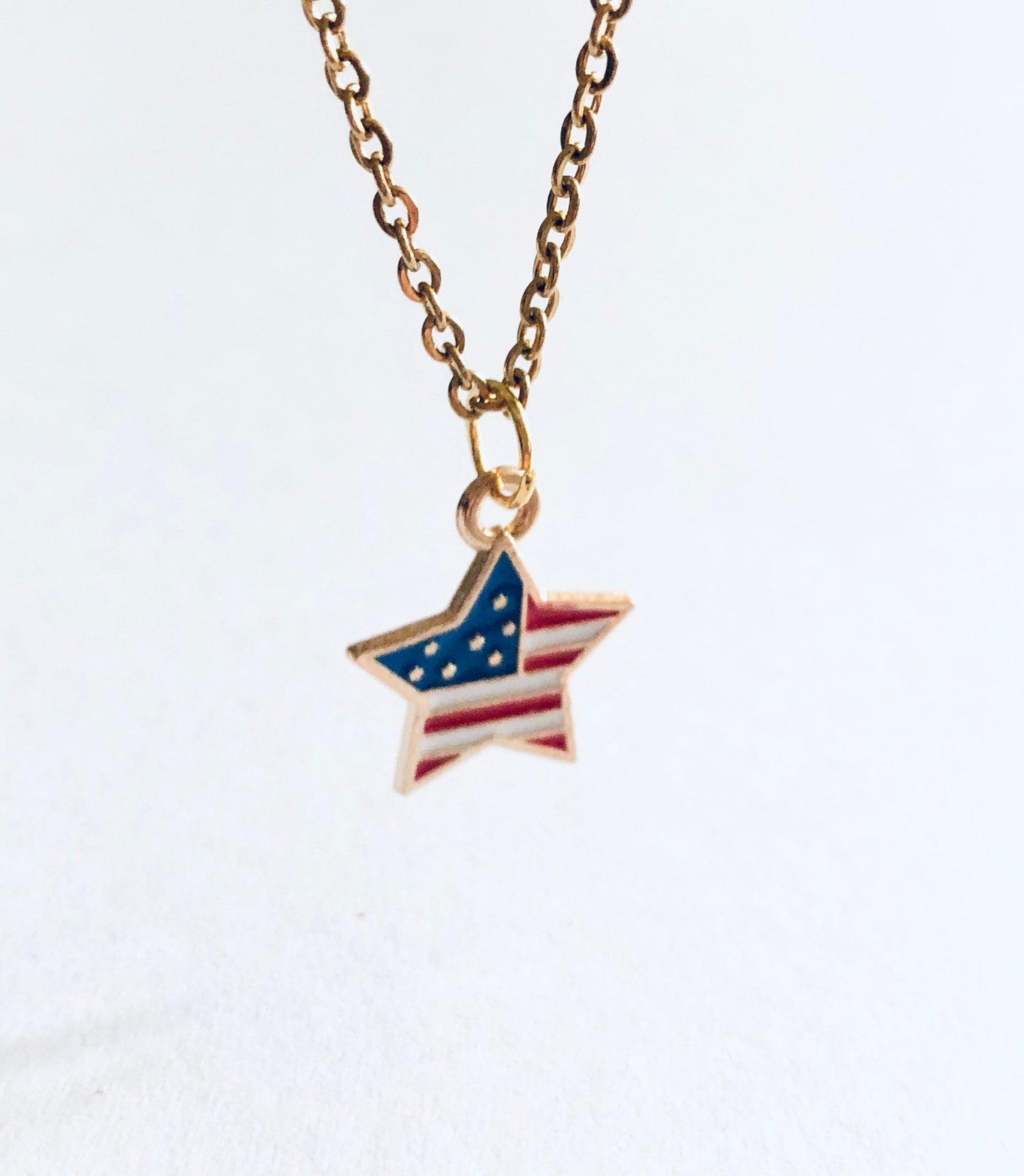 Star American Flag Necklace, 4th of July Necklace Gold Plated Chain, Red White & Blue Flag USA Necklace, Star Necklace Fireworks