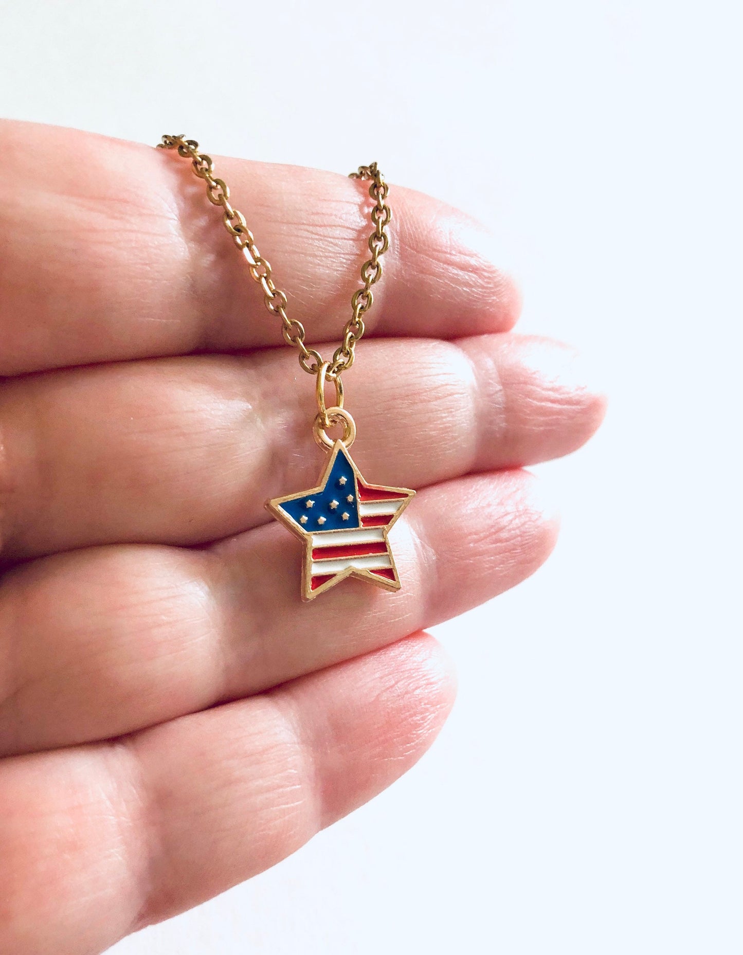 Star American Flag Necklace, 4th of July Necklace Gold Plated Chain, Red White & Blue Flag USA Necklace, Star Necklace Fireworks