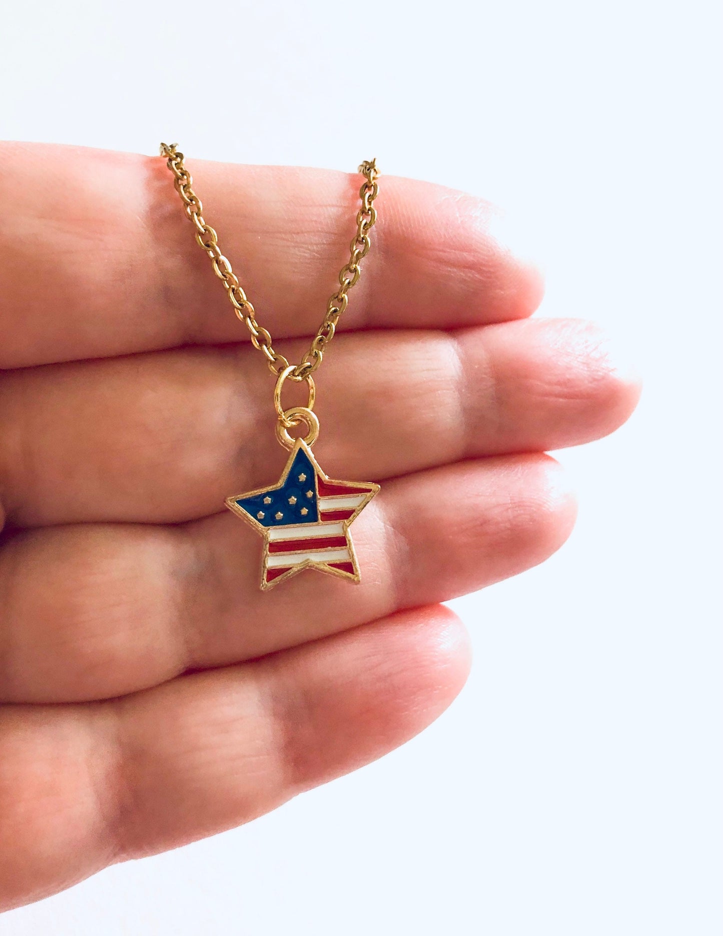 Star American Flag Necklace, 4th of July Necklace Gold Plated Chain, Red White & Blue Flag USA Necklace, Star Necklace Fireworks