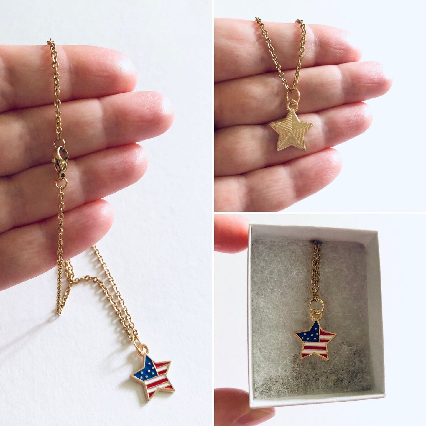 Star American Flag Necklace, 4th of July Necklace Gold Plated Chain, Red White & Blue Flag USA Necklace, Star Necklace Fireworks