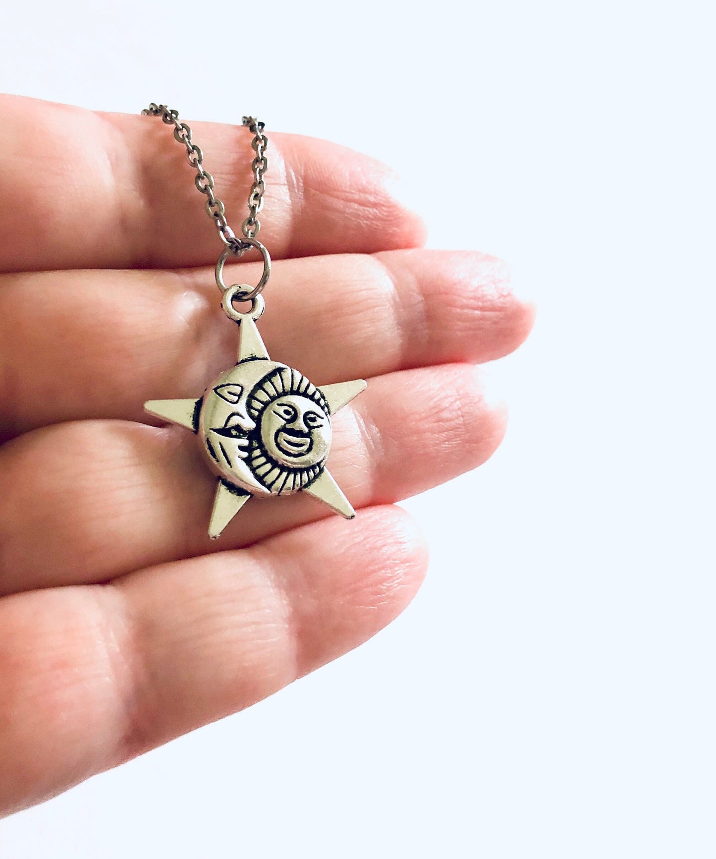 Crescent Moon & Sun Necklace, Celestial Star Necklace, Wicca Necklace Witchy