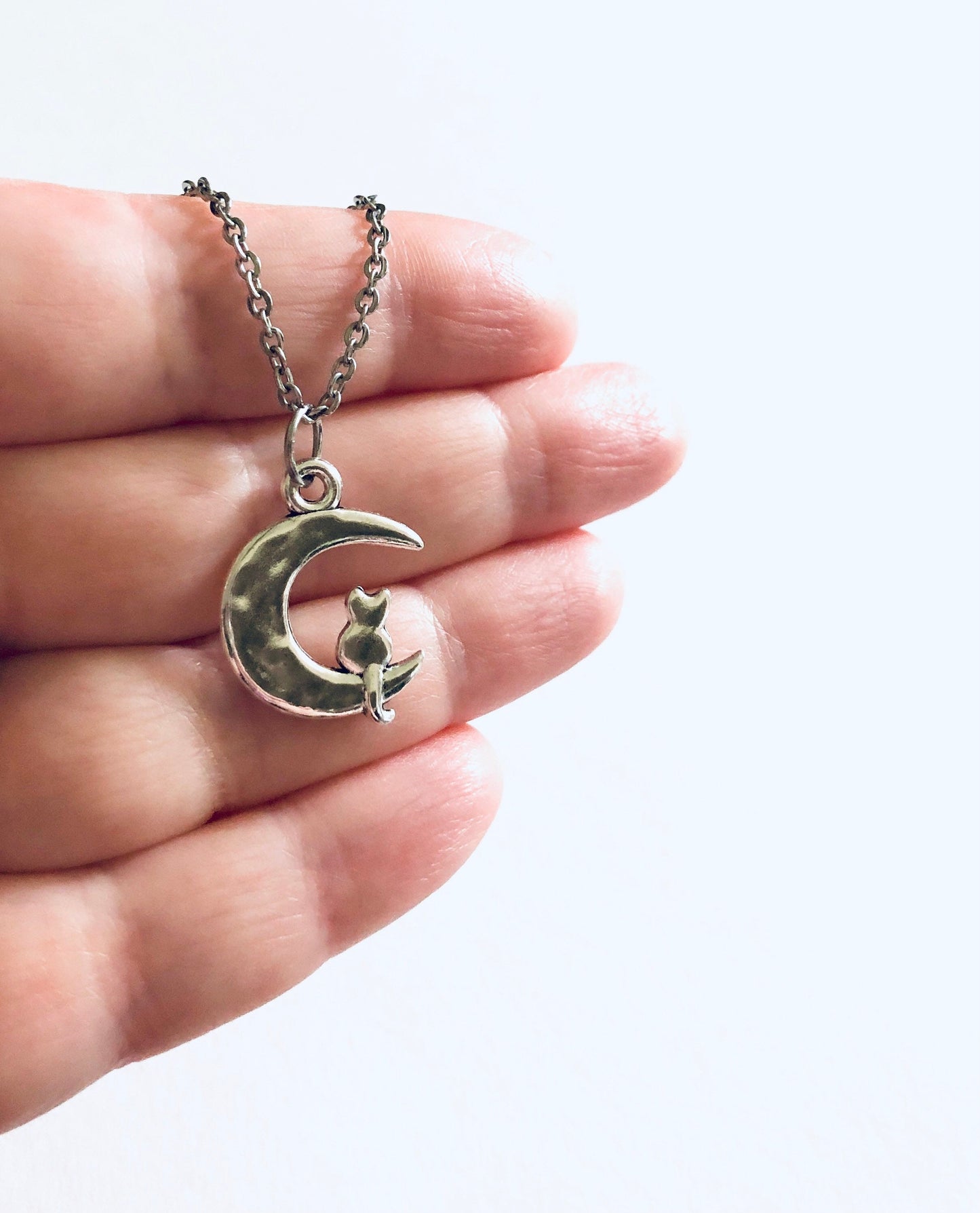 Silver Cat on Moon Necklace, Crescent Moon Cat Necklace on 18” Stainless Steel Chain, Kitty Cats Fur Baby