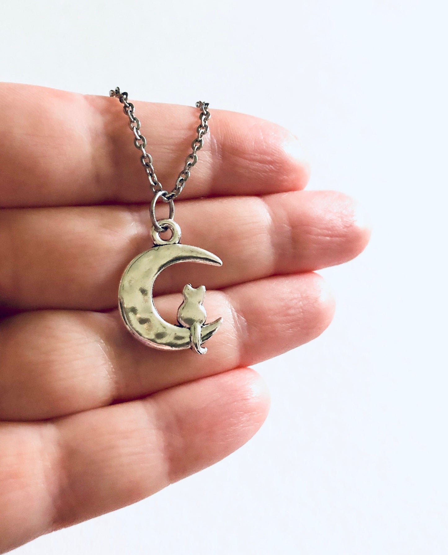 Silver Cat on Moon Necklace, Crescent Moon Cat Necklace on 18” Stainless Steel Chain, Kitty Cats Fur Baby