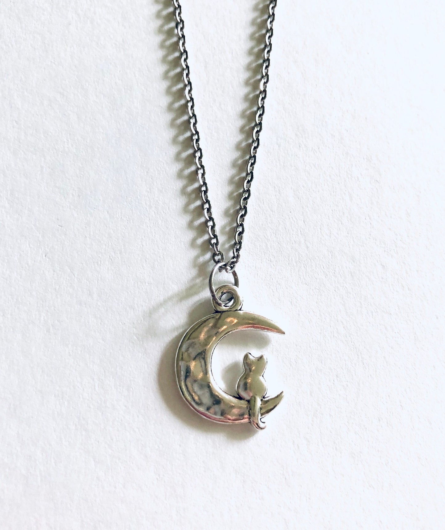 Silver Cat on Moon Necklace, Crescent Moon Cat Necklace on 18” Stainless Steel Chain, Kitty Cats Fur Baby