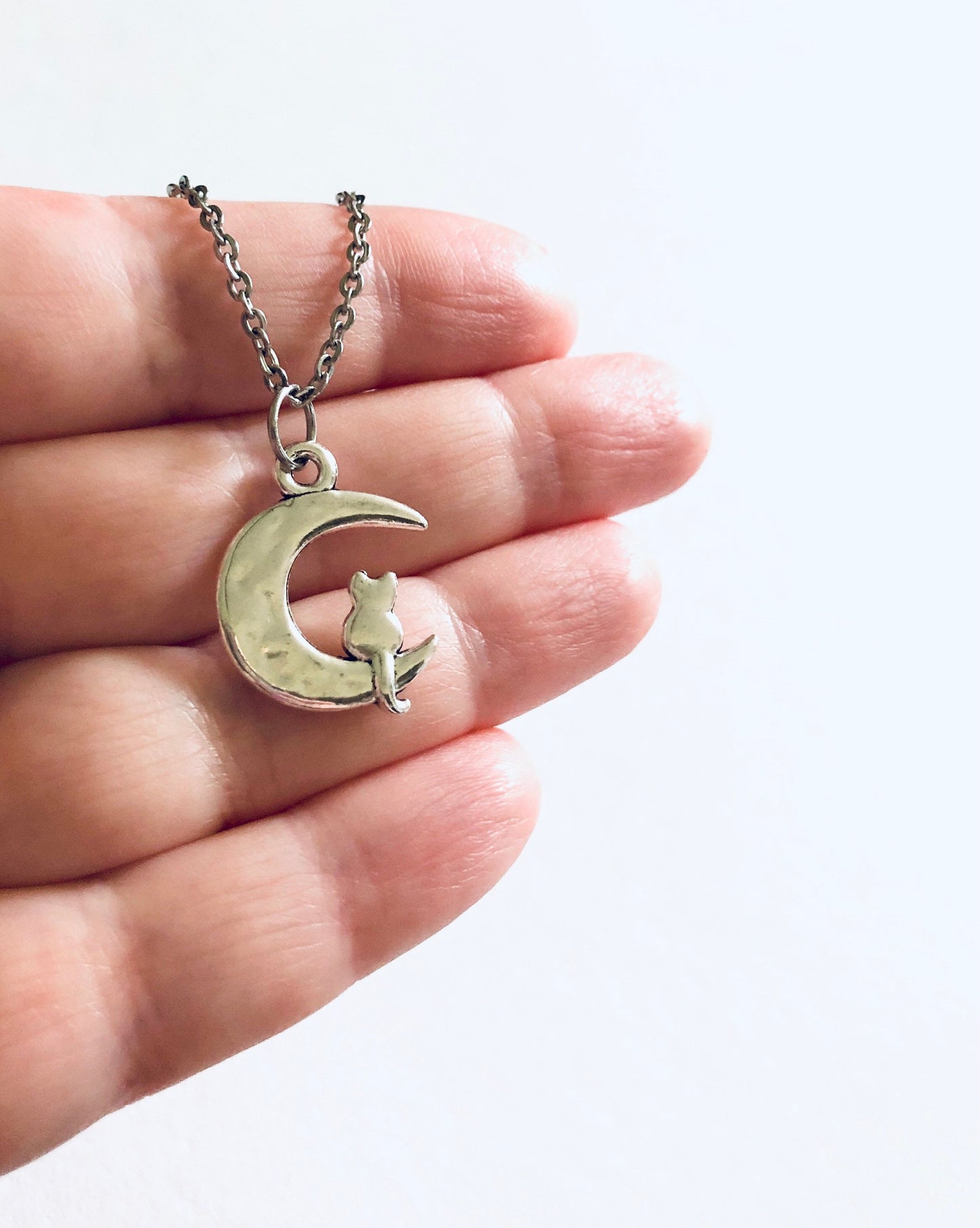 Silver Cat on Moon Necklace, Crescent Moon Cat Necklace on 18” Stainless Steel Chain, Kitty Cats Fur Baby