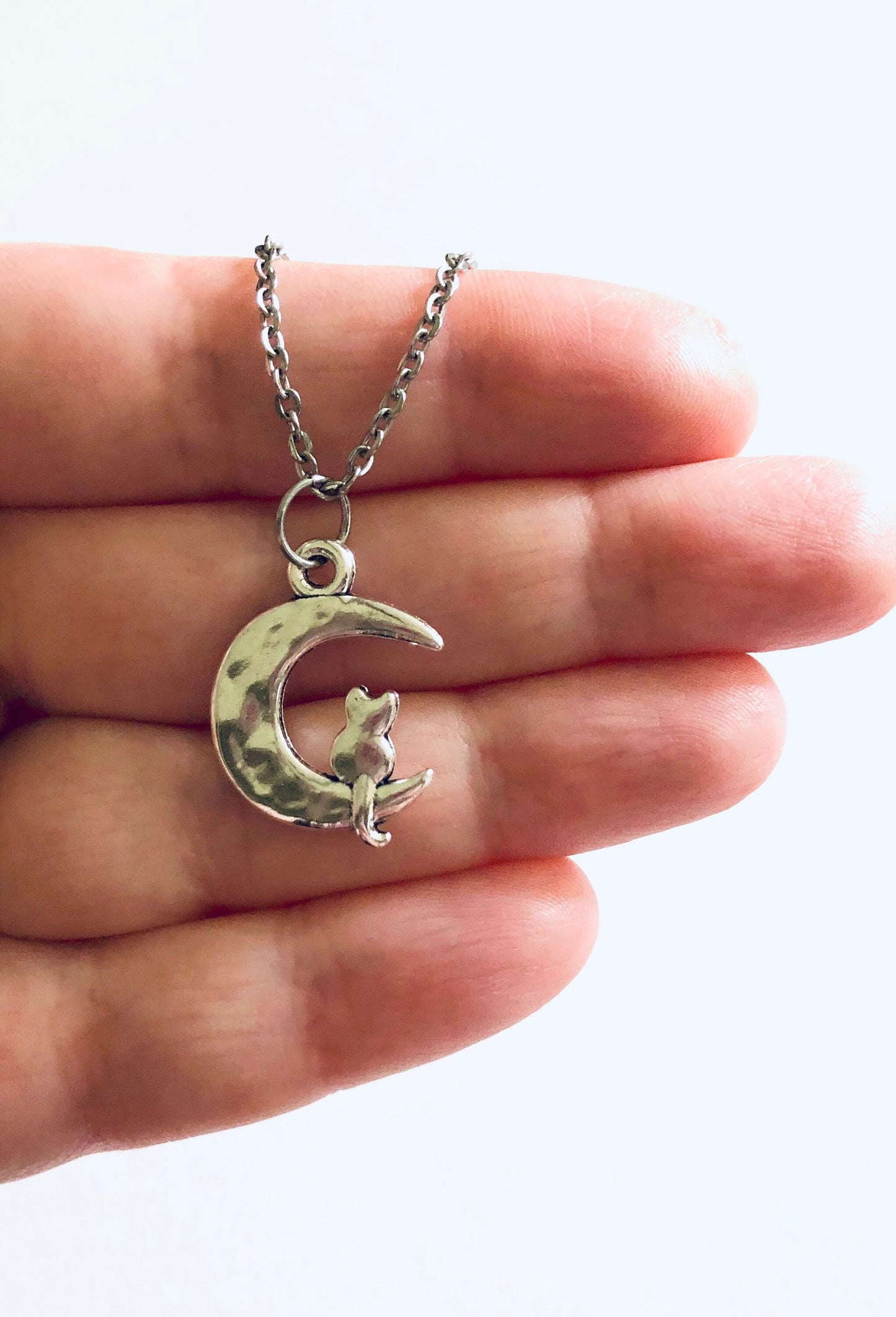 Silver Cat on Moon Necklace, Crescent Moon Cat Necklace on 18” Stainless Steel Chain, Kitty Cats Fur Baby