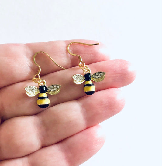 Bee Earrings, Gold Yellow & Black Body with Diamond Wings, Spring Bumble Bee Earrings, Summer Queen Bee Earrings, Cottage Core Aesthetic