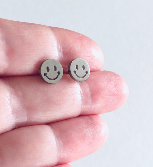 Silver Smiley Face Stud Earrings, Happy Face Studs, Smiley Studs, Smiley Earrings, Stainless Steel