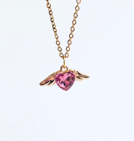 Pink Heart Angel Wings Necklace, Gold Sparkle Pink Rhinestone Bead Necklace, Cherub Necklace, Angel Necklace, Fairy Core