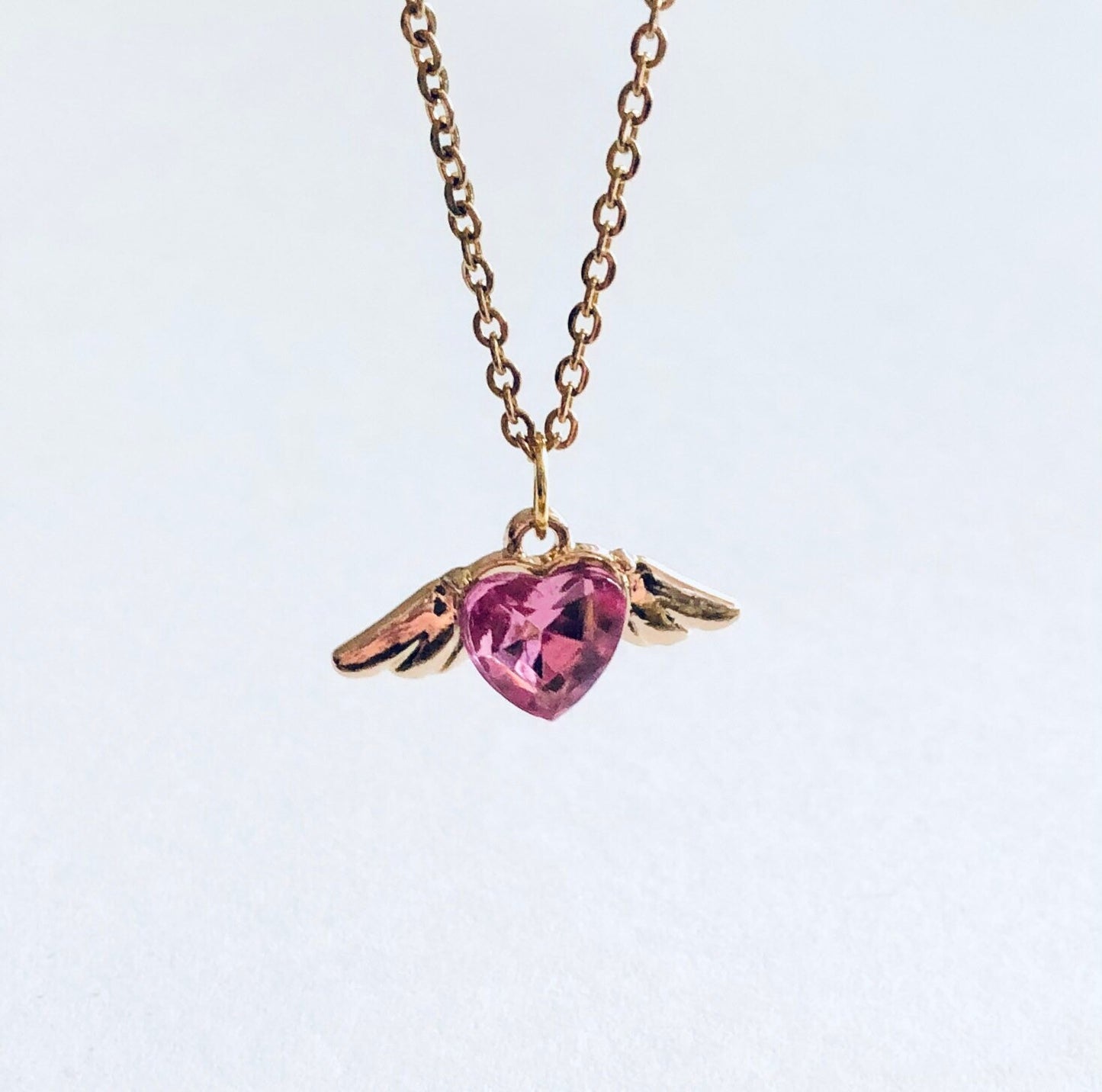 Pink Heart Angel Wings Necklace, Gold Sparkle Pink Rhinestone Bead Necklace, Cherub Necklace, Angel Necklace, Fairy Core