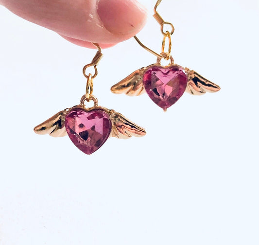 Pink Heart Angel Wings Earrings, Gold Plated Ear Hooks, Drop Dangle Angel Earrings,