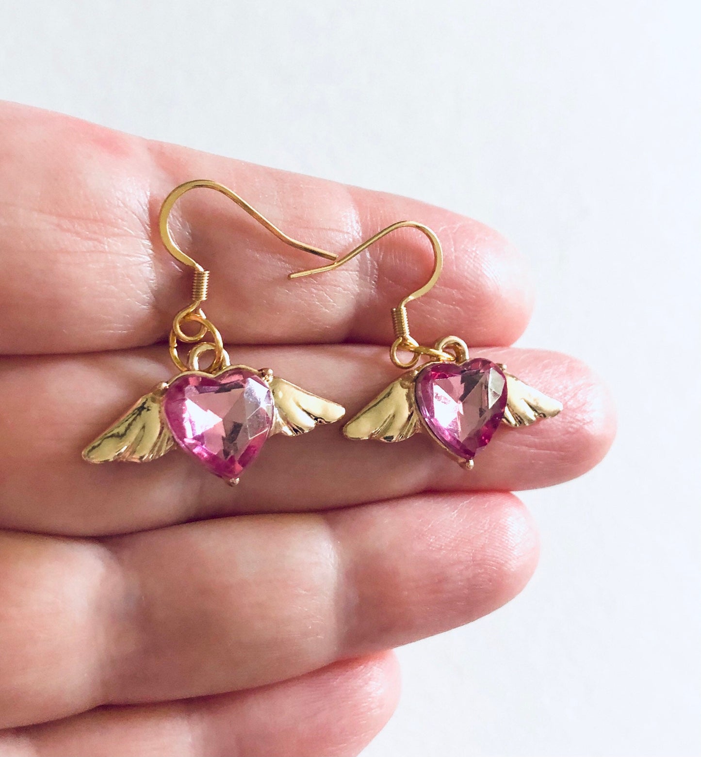 Pink Heart Angel Wings Earrings, Gold Plated Ear Hooks, Drop Dangle Angel Earrings,