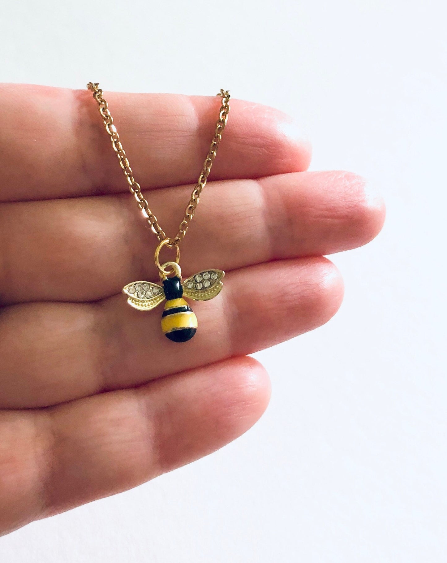 Cute Bee Necklace, Bumble Bee Necklace with Diamond Rhinestone Wings, Spring Summer Queen Bee