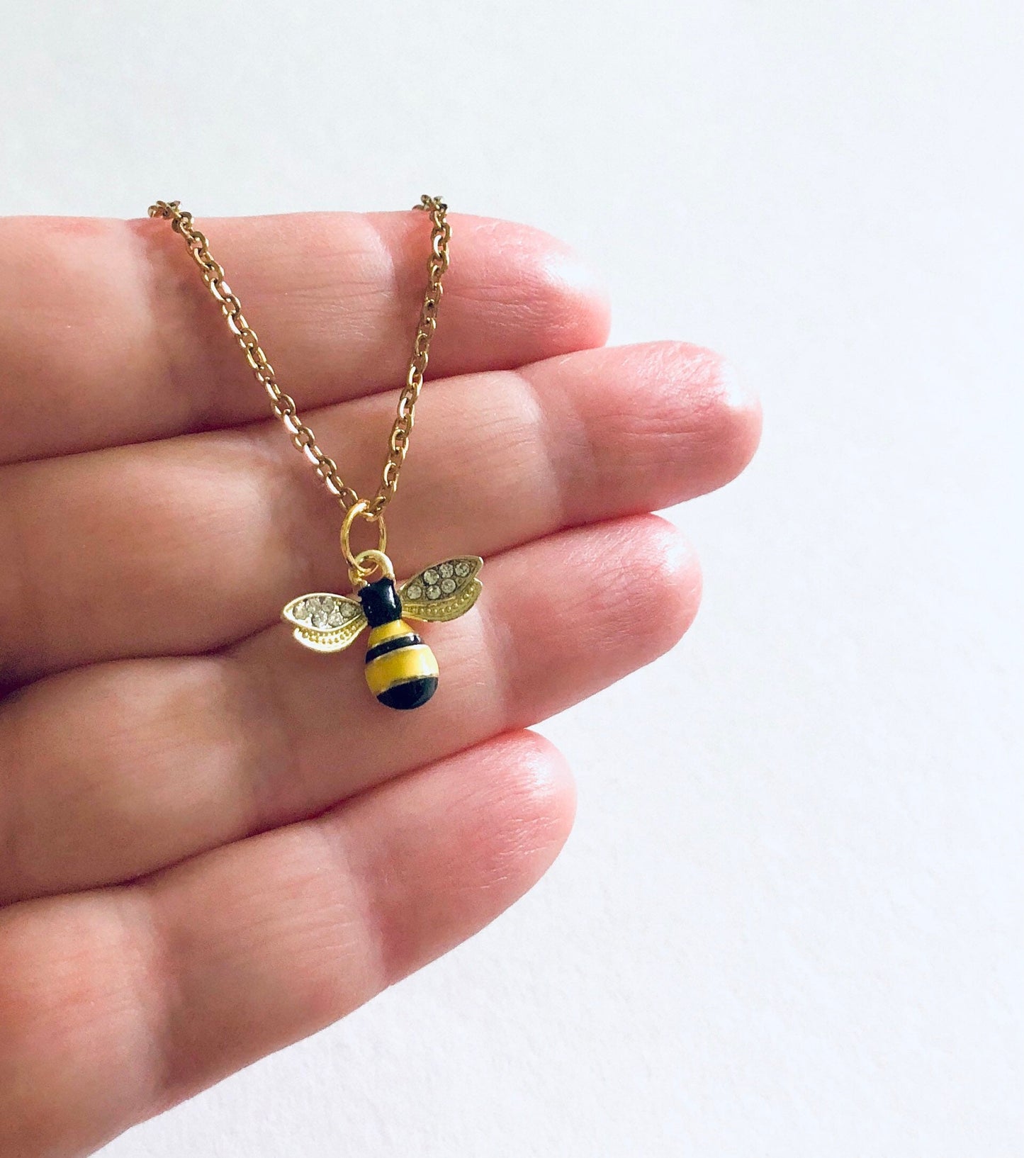 Cute Bee Necklace, Bumble Bee Necklace with Diamond Rhinestone Wings, Spring Summer Queen Bee